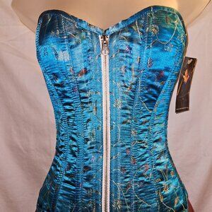 NWT Turquoise Brocade Zipper Tight Lacing Corset SMALL 22"